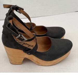 Women's Free People Gunmetal Black Wooden Base Clog Heels Shoes Size 37